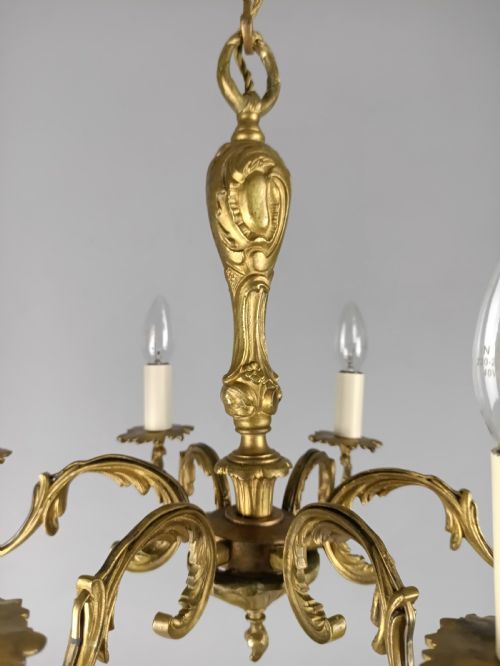 FRENCH GILT BRASS 6 ARM CHANDELIER - ADDITIONAL PHOTO 7
