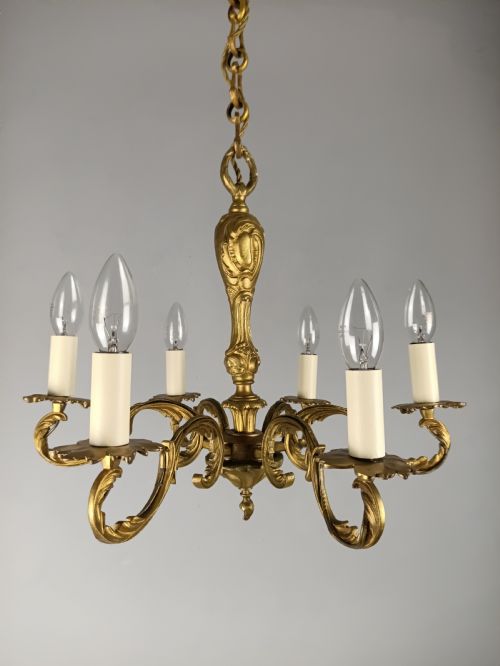 FRENCH GILT BRASS 6 ARM CHANDELIER - ADDITIONAL PHOTO 9