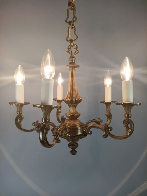 FRENCH GILT BRASS 5 LIGHT CHANDELIER - ADDITIONAL PHOTO 3