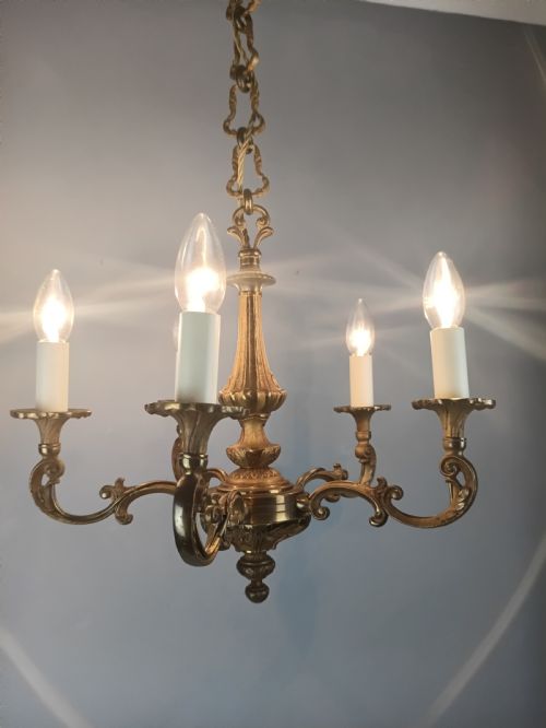 FRENCH GILT BRASS 5 LIGHT CHANDELIER - ADDITIONAL PHOTO 5