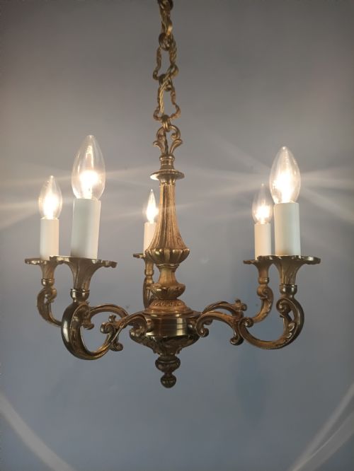FRENCH GILT BRASS 5 LIGHT CHANDELIER - ADDITIONAL PHOTO 6