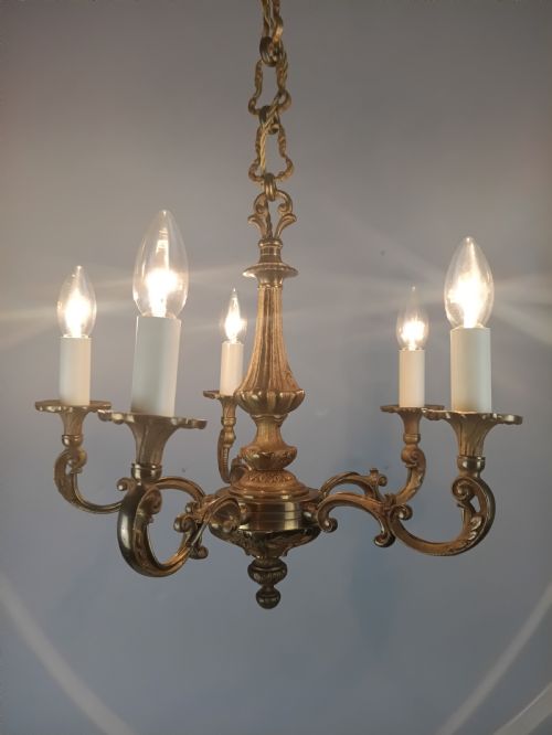 FRENCH GILT BRASS 5 LIGHT CHANDELIER - ADDITIONAL PHOTO 7
