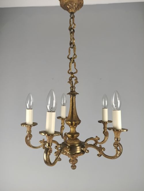 FRENCH GILT BRASS 5 LIGHT CHANDELIER - ADDITIONAL PHOTO 9