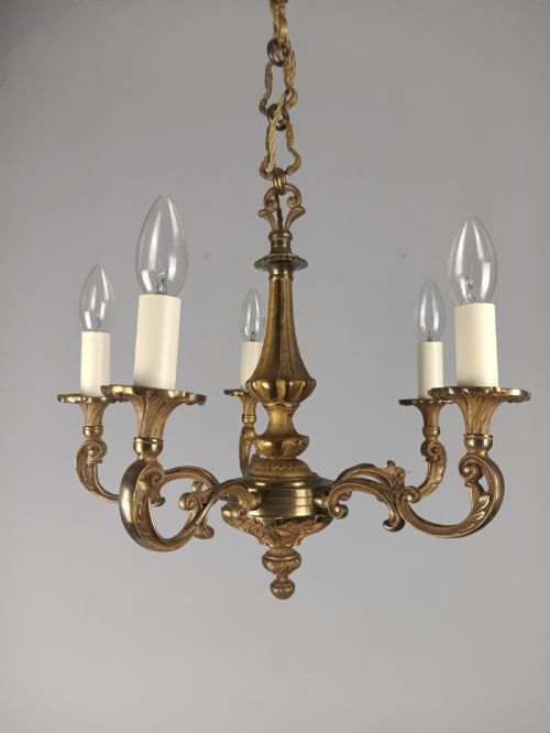 FRENCH GILT BRASS 5 LIGHT CHANDELIER - ADDITIONAL PHOTO 14