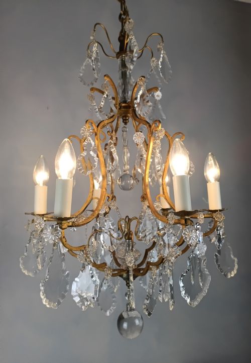 FRENCH GILDED CRYSTAL 6 LIGHT ANTIQUE BIRDCAGE CHANDELIER