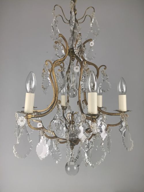 FRENCH GILDED CRYSTAL 6 LIGHT ANTIQUE BIRDCAGE CHANDELIER - ADDITIONAL PHOTO 9