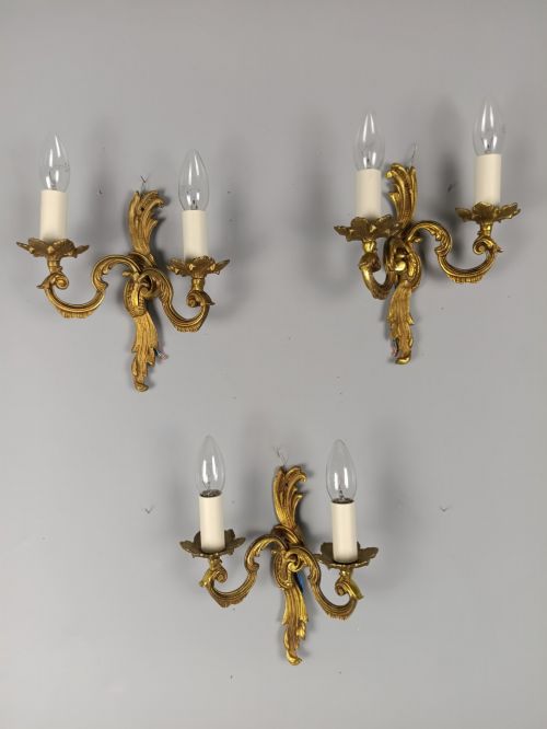 SET OF 3 FRENCH GILDED TWIN ARM ANTIQUE WALL LIGHTS - ADDITIONAL PHOTO 1