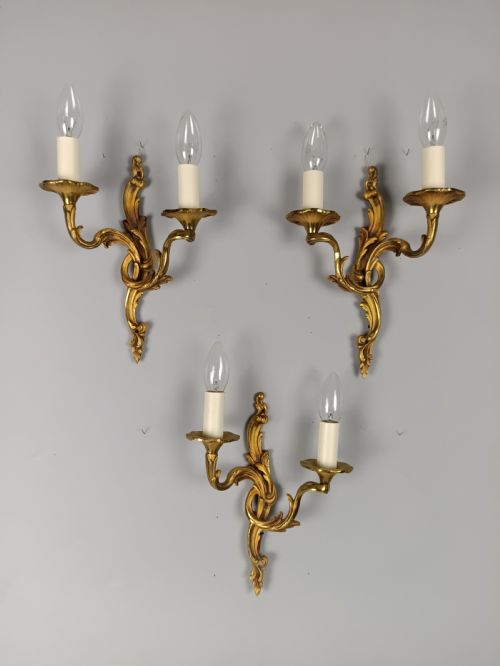 Set of 3 French Gilded Twin Arm Antique Wall Lights