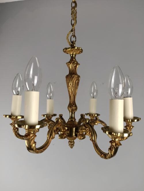 French Gilt Brass 6 Light Chandelier
