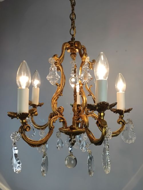 FRENCH GILDED CRYSTAL 5 LIGHT CHANDELIER - ADDITIONAL PHOTO 3