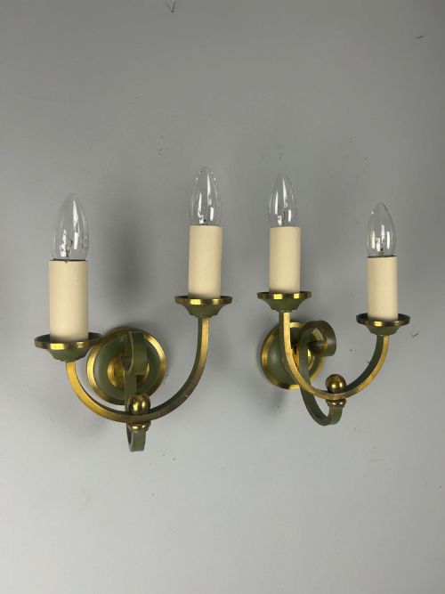 PAIR OF FRENCH ART DECO GREEN ENAMEL BRASS WALL LIGHTS - ADDITIONAL PHOTO 1