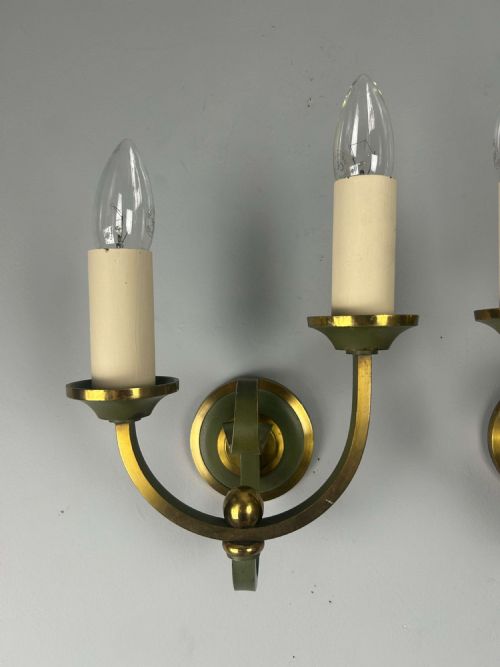 PAIR OF FRENCH ART DECO GREEN ENAMEL BRASS WALL LIGHTS - ADDITIONAL PHOTO 2
