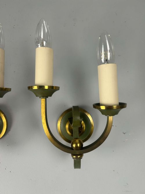PAIR OF FRENCH ART DECO GREEN ENAMEL BRASS WALL LIGHTS - ADDITIONAL PHOTO 3