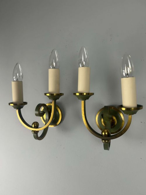 PAIR OF FRENCH ART DECO GREEN ENAMEL BRASS WALL LIGHTS - ADDITIONAL PHOTO 4