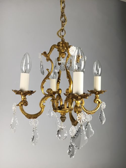 French Gilded & Crystal 4 Light Chandelier