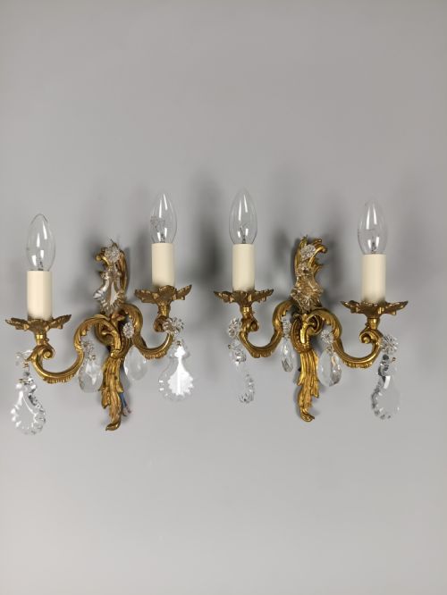 Pair of French Gilded Twin Arm Antique Wall Lights with Crystals