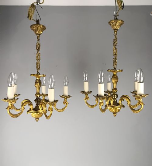 PAIR OF FRENCH GILT BRASS 5 LIGHT CHANDELIERS