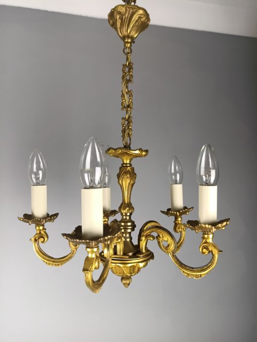 PAIR OF FRENCH GILT BRASS 5 LIGHT CHANDELIERS - ADDITIONAL PHOTO 8