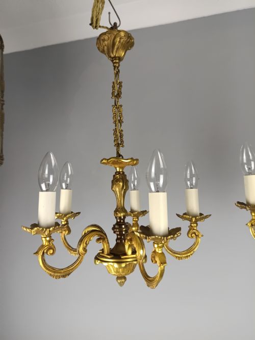 PAIR OF FRENCH GILT BRASS 5 LIGHT CHANDELIERS - ADDITIONAL PHOTO 9