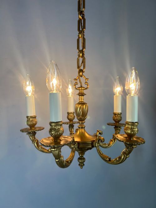 FRENCH GILDED BRONZE 5 LIGHT ANTIQUE CHANDELIER - ADDITIONAL PHOTO 2