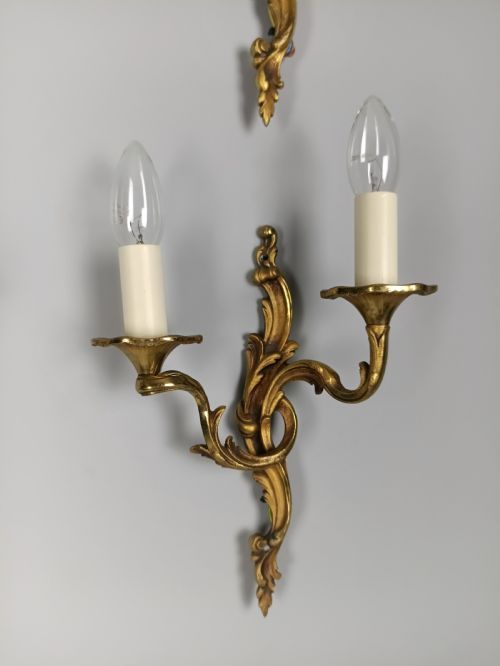 fig 2. Set of 4 Antique French Gilded Brass Wall Lights | Ornate Louis XV Rococo Twin-Arm Sconces, c.1930, Rewired Ready To Install