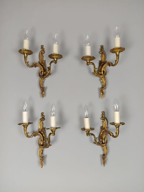 fig 5. Set of 4 Antique French Gilded Brass Wall Lights | Ornate Louis XV Rococo Twin-Arm Sconces, c.1930, Rewired Ready To Install
