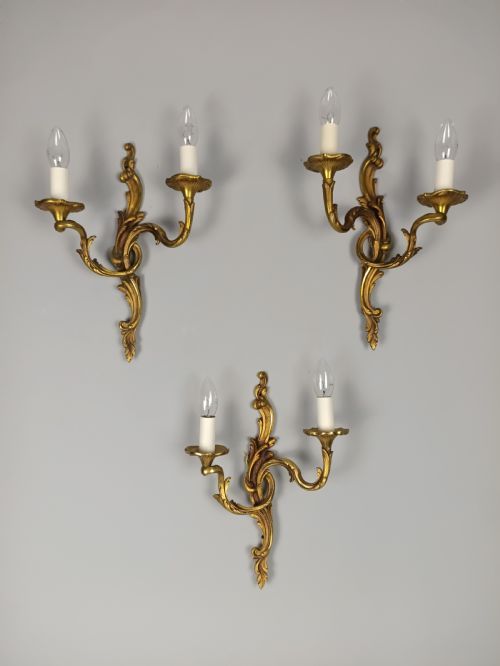 Set of 3 Antique Large French Gilded Bronze Wall Lights | Ornate Louis Xv Rococo Twin-arm Sconces, C.1930, Rewired Ready to Install