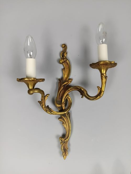 fig 2. Set of 3 Antique Large French Gilded Bronze Wall Lights | Ornate Louis XV Rococo Twin-Arm Sconces, c.1930, Rewired Ready To Install