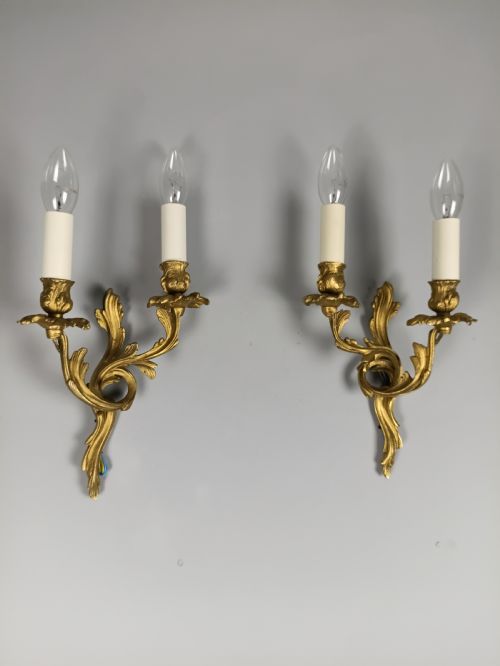 FRENCH PAIR OF SMALL GILDED TWIN ARM ANTIQUE WALL LIGHTS