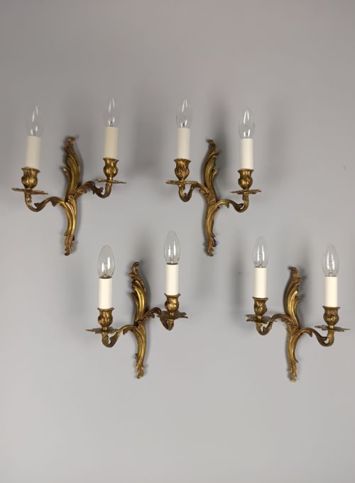 Set of 4 Small Antique French Gilded Bronze Wall Lights | Twin-arm Sconces, C.1930, Rewired Ready to Install