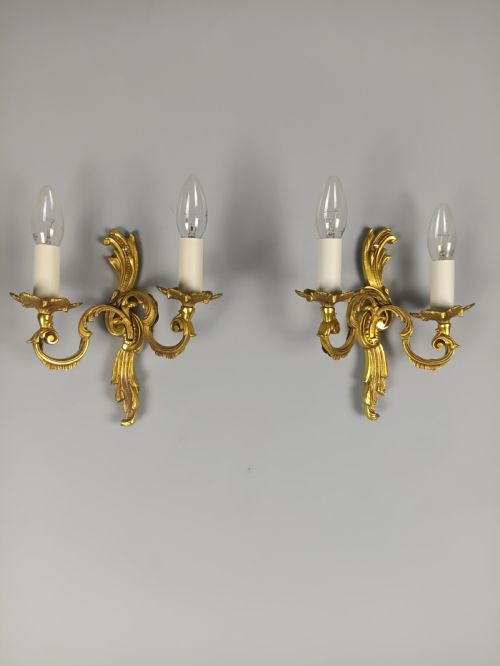 PAIR OF GILDED TWIN ARM ANTIQUE WALL LIGHTS