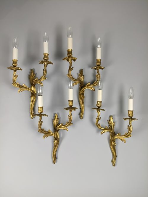 SET OF 4 LARGE FRENCH ROCOCO TWIN ARM WALL LIGHTS REWIRED C1920