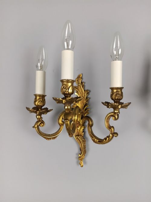 PAIR OF FRENCH ANTIQUE TRIPLE ARM ROCOCO GILDED BRONZE WALL LIGHTS - ADDITIONAL PHOTO 1