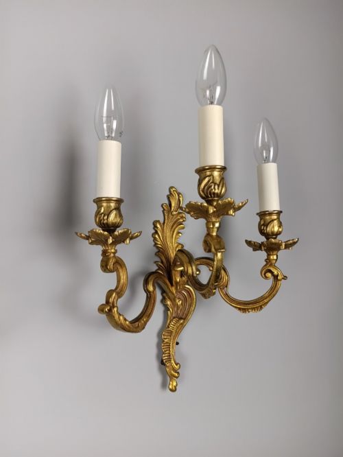 PAIR OF FRENCH ANTIQUE TRIPLE ARM ROCOCO GILDED BRONZE WALL LIGHTS - ADDITIONAL PHOTO 2