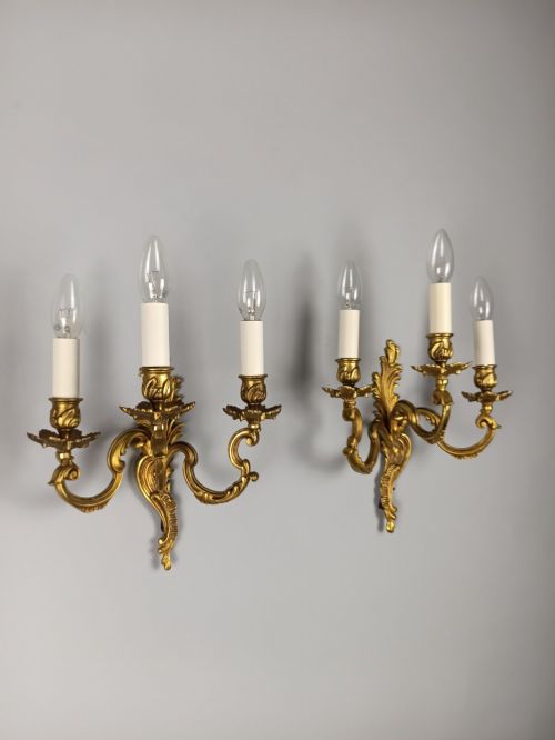 PAIR OF FRENCH ANTIQUE TRIPLE ARM ROCOCO GILDED BRONZE WALL LIGHTS - ADDITIONAL PHOTO 3