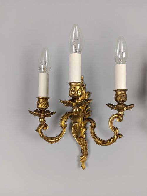 PAIR OF FRENCH ANTIQUE TRIPLE ARM ROCOCO GILDED BRONZE WALL LIGHTS - ADDITIONAL PHOTO 5