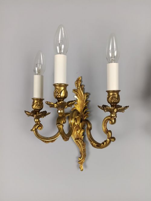 PAIR OF FRENCH ANTIQUE TRIPLE ARM ROCOCO GILDED BRONZE WALL LIGHTS - ADDITIONAL PHOTO 6