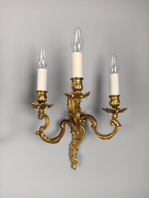 PAIR OF FRENCH ANTIQUE TRIPLE ARM ROCOCO GILDED BRONZE WALL LIGHTS - ADDITIONAL PHOTO 8