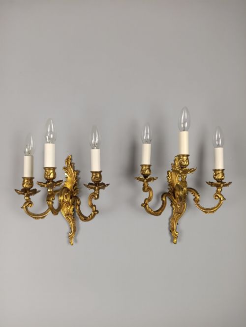 PAIR OF FRENCH ANTIQUE TRIPLE ARM ROCOCO GILDED BRONZE WALL LIGHTS - ADDITIONAL PHOTO 9