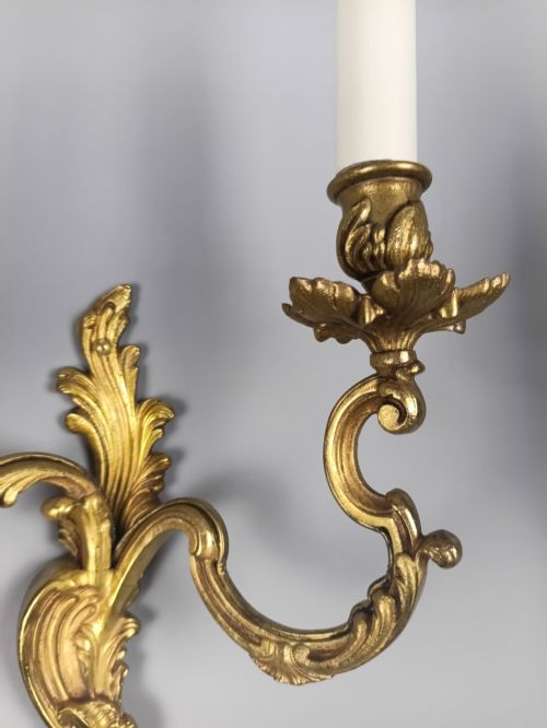 PAIR OF FRENCH ANTIQUE TWIN ARM ROCOCO GILDED BRONZE WALL LIGHTS - ADDITIONAL PHOTO 3
