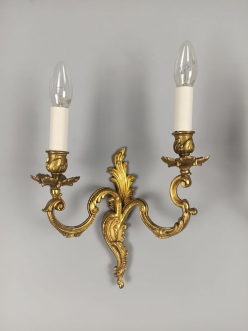 PAIR OF FRENCH ANTIQUE TWIN ARM ROCOCO GILDED BRONZE WALL LIGHTS - ADDITIONAL PHOTO 6