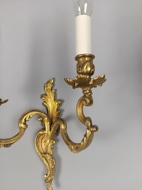 PAIR OF FRENCH ANTIQUE TWIN ARM ROCOCO GILDED BRONZE WALL LIGHTS - ADDITIONAL PHOTO 7