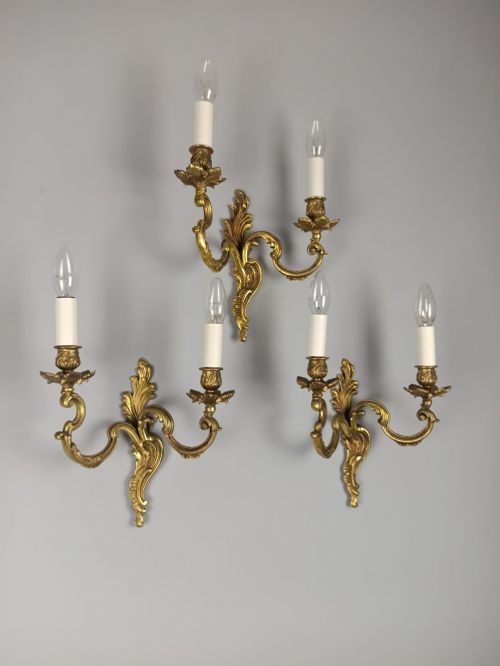 SET OF 3 FRENCH ANTIQUE TWIN ARM ROCOCO GILDED BRONZE WALL LIGHTS - ADDITIONAL PHOTO 1