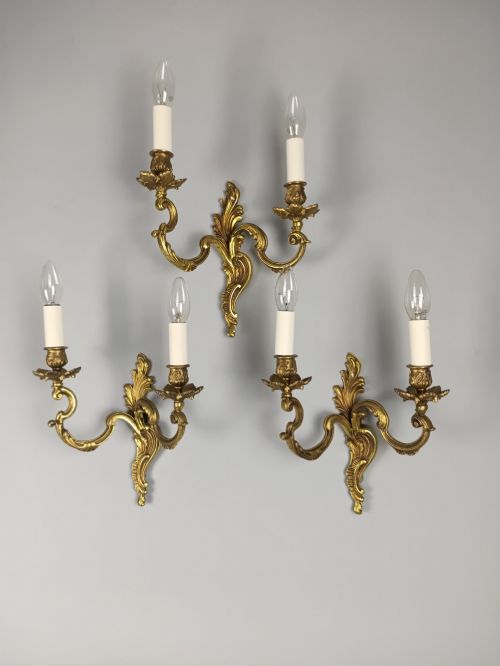 SET OF 3 FRENCH ANTIQUE TWIN ARM ROCOCO GILDED BRONZE WALL LIGHTS - ADDITIONAL PHOTO 7