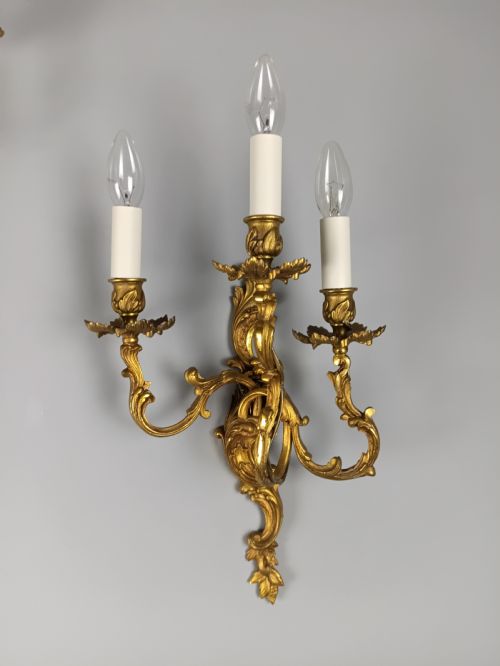 PAIR OF LARGE FRENCH ANTIQUE TRIPLE ARM GILDED BRONZE GILDED BRONZE WALL LIGHTS - ADDITIONAL PHOTO 1
