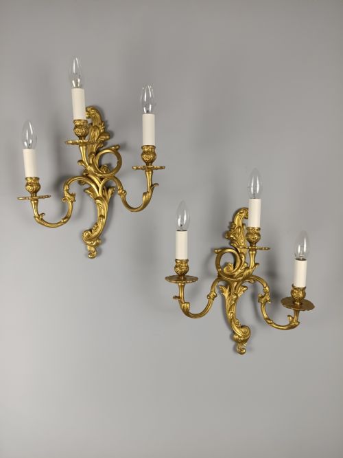 pair of french antique triple arm gilded brass gilded brass wall lights - CATEGORY: ANTIQUE LIGHTING - DATED 1930