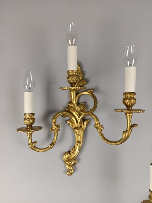 PAIR OF FRENCH ANTIQUE TRIPLE ARM GILDED BRASS GILDED BRASS WALL LIGHTS - ADDITIONAL PHOTO 2