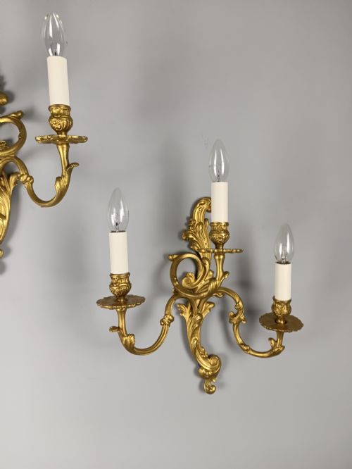 PAIR OF FRENCH ANTIQUE TRIPLE ARM GILDED BRASS GILDED BRASS WALL LIGHTS - ADDITIONAL PHOTO 8