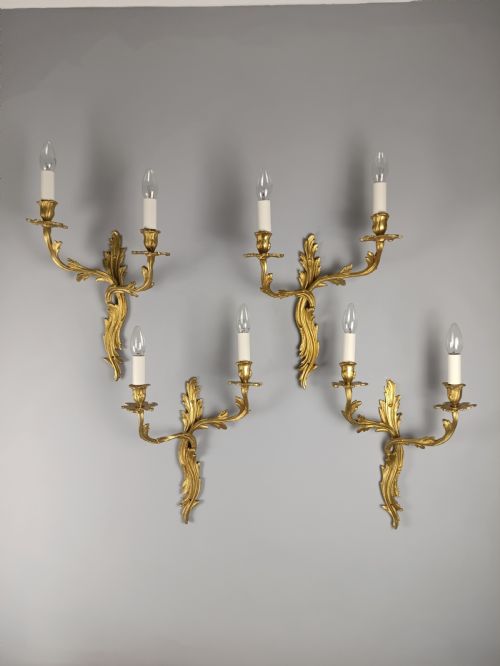 SET OF 4 LARGE FRENCH ANTIQUE TWIN ARM GILDED BRONZE GILDED BRONZE WALL LIGHTS - ADDITIONAL PHOTO 8