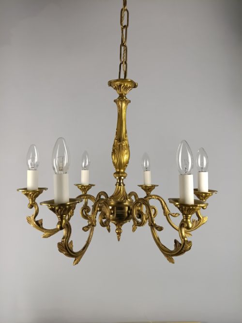 LARGE FRENCH GILDED BRASS 6 LIGHT ANTIQUE CHANDELIER